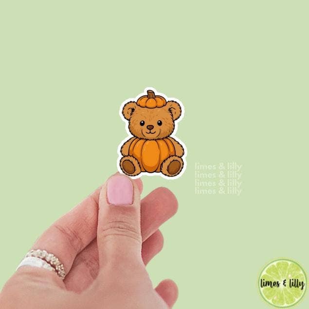 Cute Teddy Bear in Pumpkin Fall Vinyl Sticker | Girly