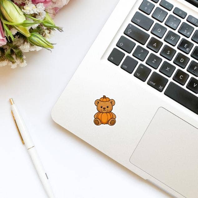 Cute Teddy Bear in Pumpkin Fall Vinyl Sticker | Girly