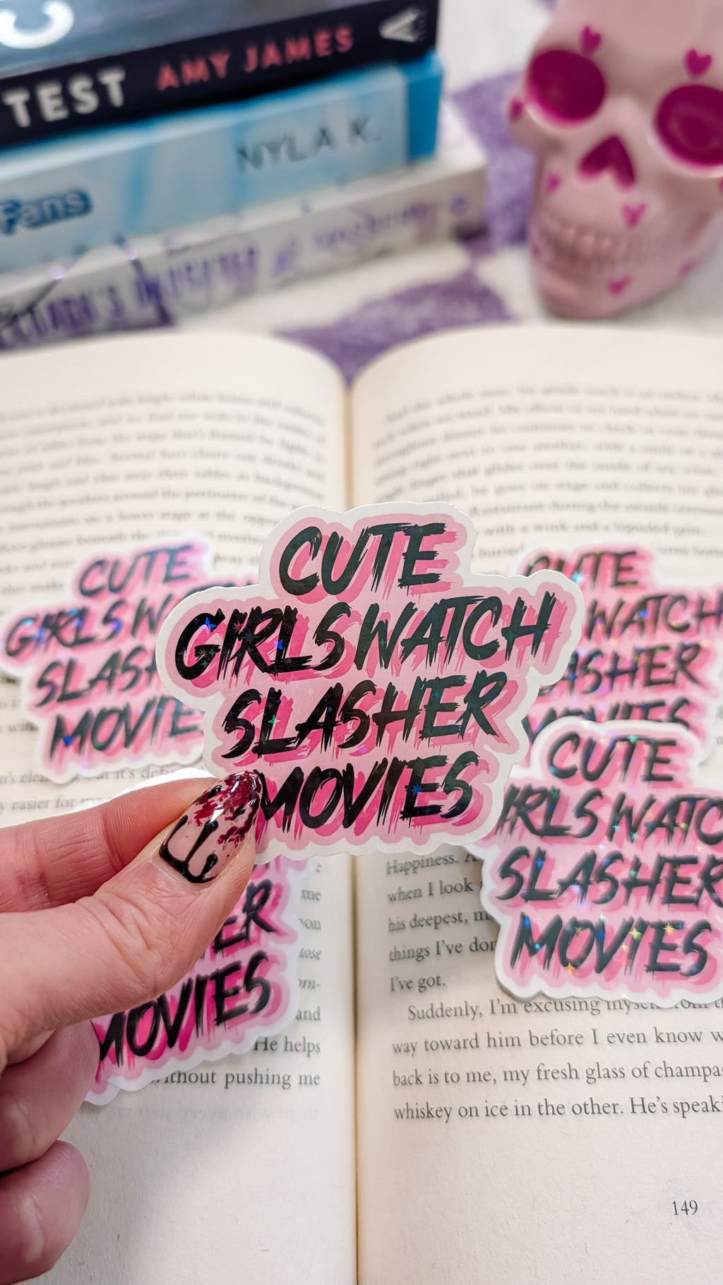 Cute girls watch slasher movies sticker (holographic)
