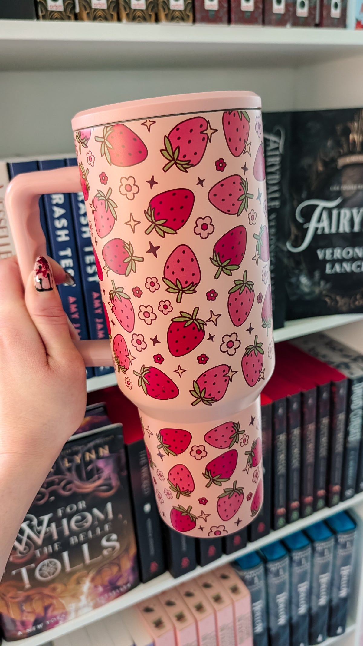 40oz Tumbler with Lid and Straw, Strawberry Design on Pink